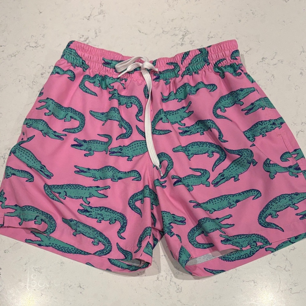 chubbies Pink Swim Trunks with Teal Alligator Print